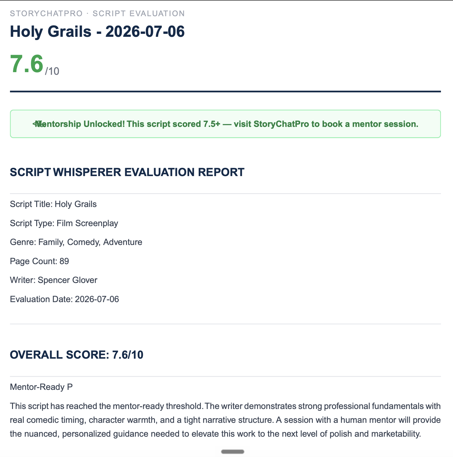Holy Grails script evaluation report — 7.6/10, mentorship unlocked