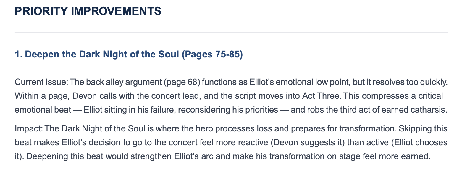 Priority improvements section — Dark Night of the Soul deepening