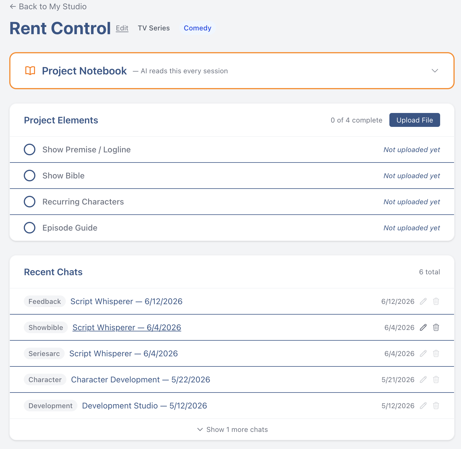 Rent Control project page in the writer's studio